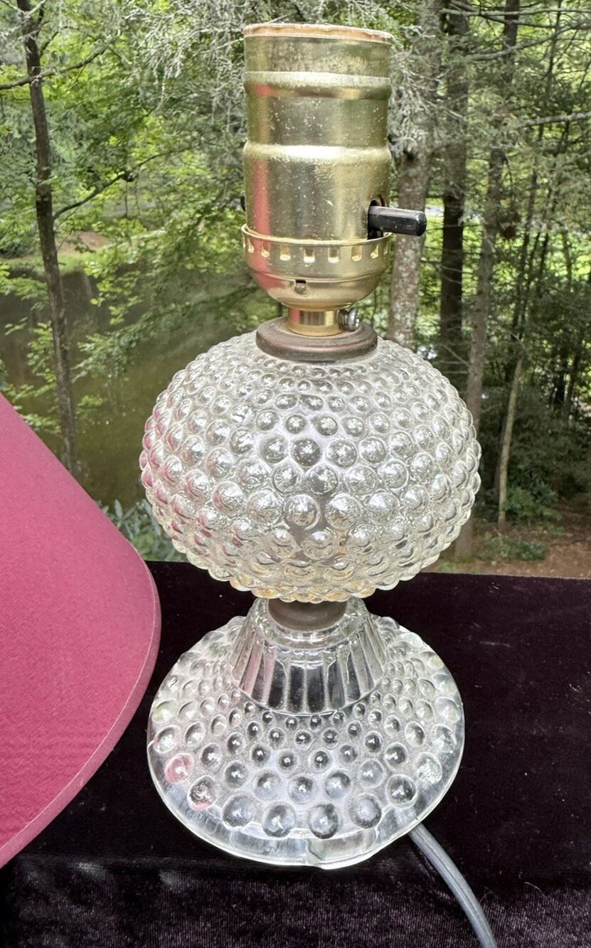 Vintage Small Hobnail Art Glass Dresser or Bedside Lamp 8” Tall Cute! Works!